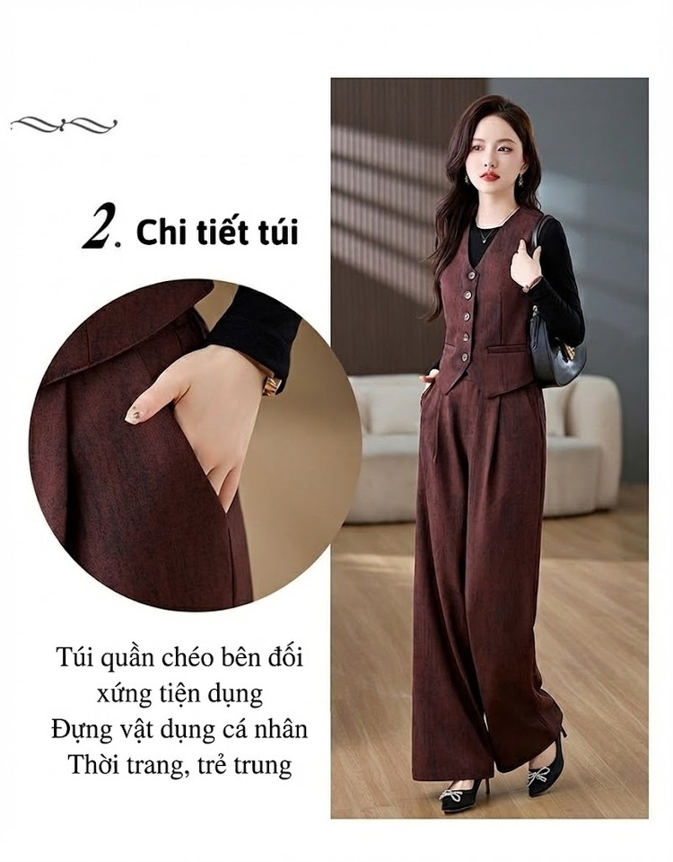 Set Bộ Vest Nữ Áo Gile Quần Ống Rộng Phong Cách Thời Trang Màu Nâu Đỏ chi tiết 10