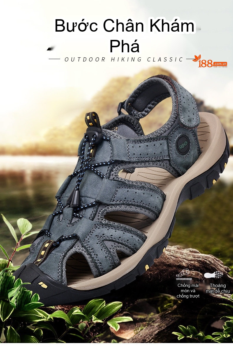 Dép Sandal Nam Bít Mũi Thoáng Khí Chống Trượt Đi Bộ Đường Dài Thủ Công Chiều Cao Đế Khoảng 3cm Màu Đen, Nâu, Xám chi tiết 1