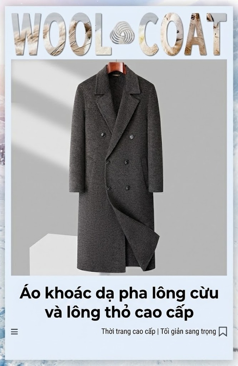 Áo Khoác Dạ Nam Dáng Dài Hai Hàng Khuy Chất Liệu Len Màu Xám chi tiết 1