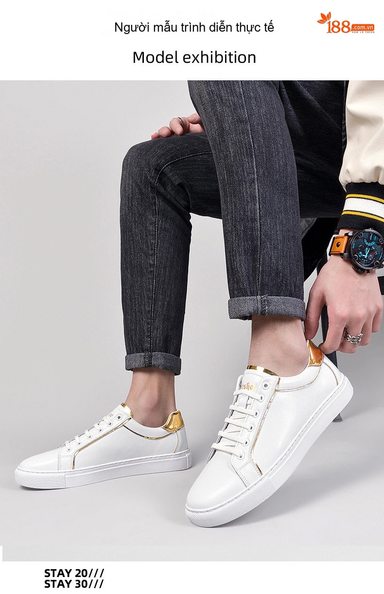 Giày Sneaker Nam Da Bóng Chiều Cao Đế Khoảng 3cm Màu Trắng, Đen chi tiết 14