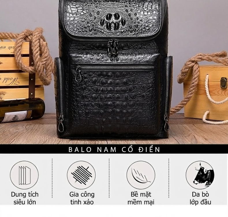 Balo Da Thật Vân Cá Sấu Đeo Vai Nam Phong Cách Thời Trang Màu Đen, Nâu chi tiết 2