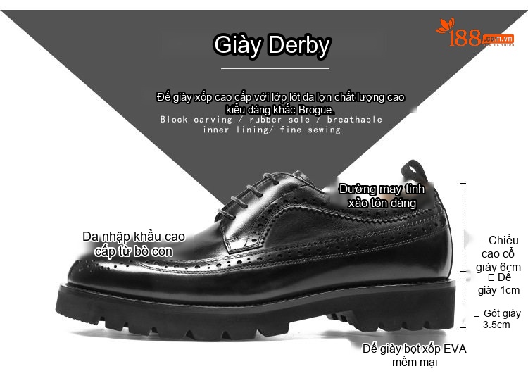 Giày Tây Buộc Dây Nam Da Bò Brogue Chiều Cao Đế Khoảng 3cm Màu Đen, Nâu chi tiết 2