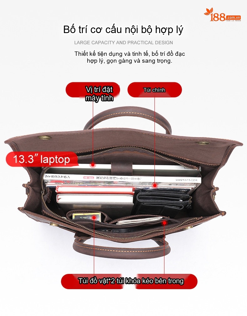 Túi Đeo Vai Nam Da Bò Crazy Horse Đựng Laptop Công Sở Màu Nâu Đậm, Nâu Vàng chi tiết 12