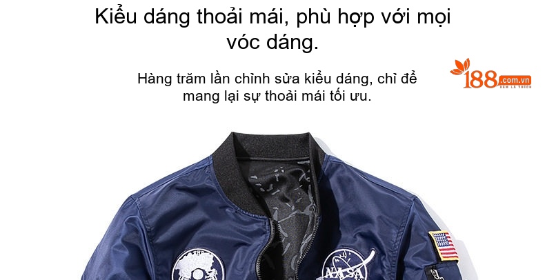 Áo Khoác Bomber Nam Nữ Dáng Rộng Hai Mặt Mặc Thu Đông Phong Cách Phi Công NASA Màu Xám, Xanh Navy, Xanh Lá, Đen... chi tiết 6