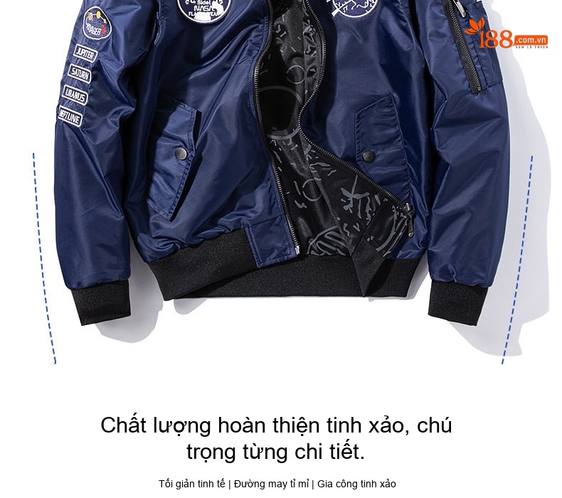 Áo Khoác Bomber Nam Nữ Dáng Rộng Hai Mặt Mặc Thu Đông Phong Cách Phi Công NASA Màu Xám, Xanh Navy, Xanh Lá, Đen... chi tiết 7