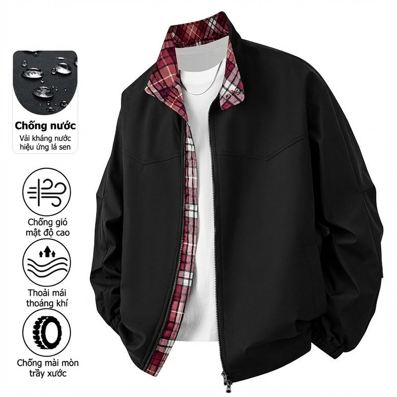 Áo Khoác Nam Chống Nước Khóa Kéo Họa Tiết Caro Phong Cách Casual Màu Đen, Xám, Xanh Lá