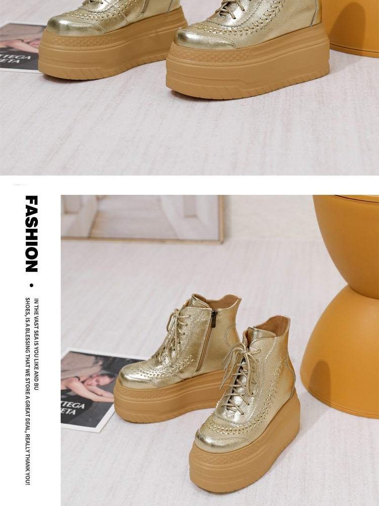 Boot Nữ Cổ Ngắn Đế Xuồng Platform Chiều Cao Đế Khoảng 10cm Da Bóng Màu Đen, Vàng, Trắng chi tiết 5