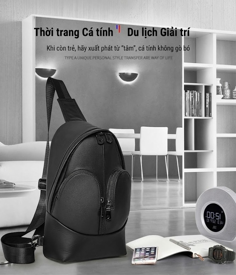 Túi Đeo Ngực/Đeo Vai Nam Da Thật Thời Trang Màu Đen chi tiết 1