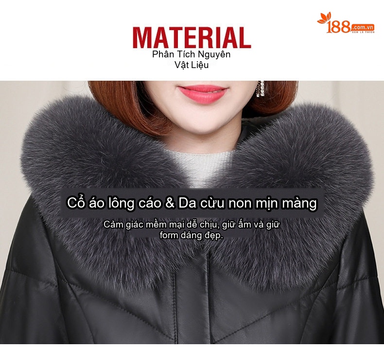 Áo Khoác Phao Nữ Da Thật Da Cừu Dáng Dài Có Mũ Lông Màu Đen chi tiết 2