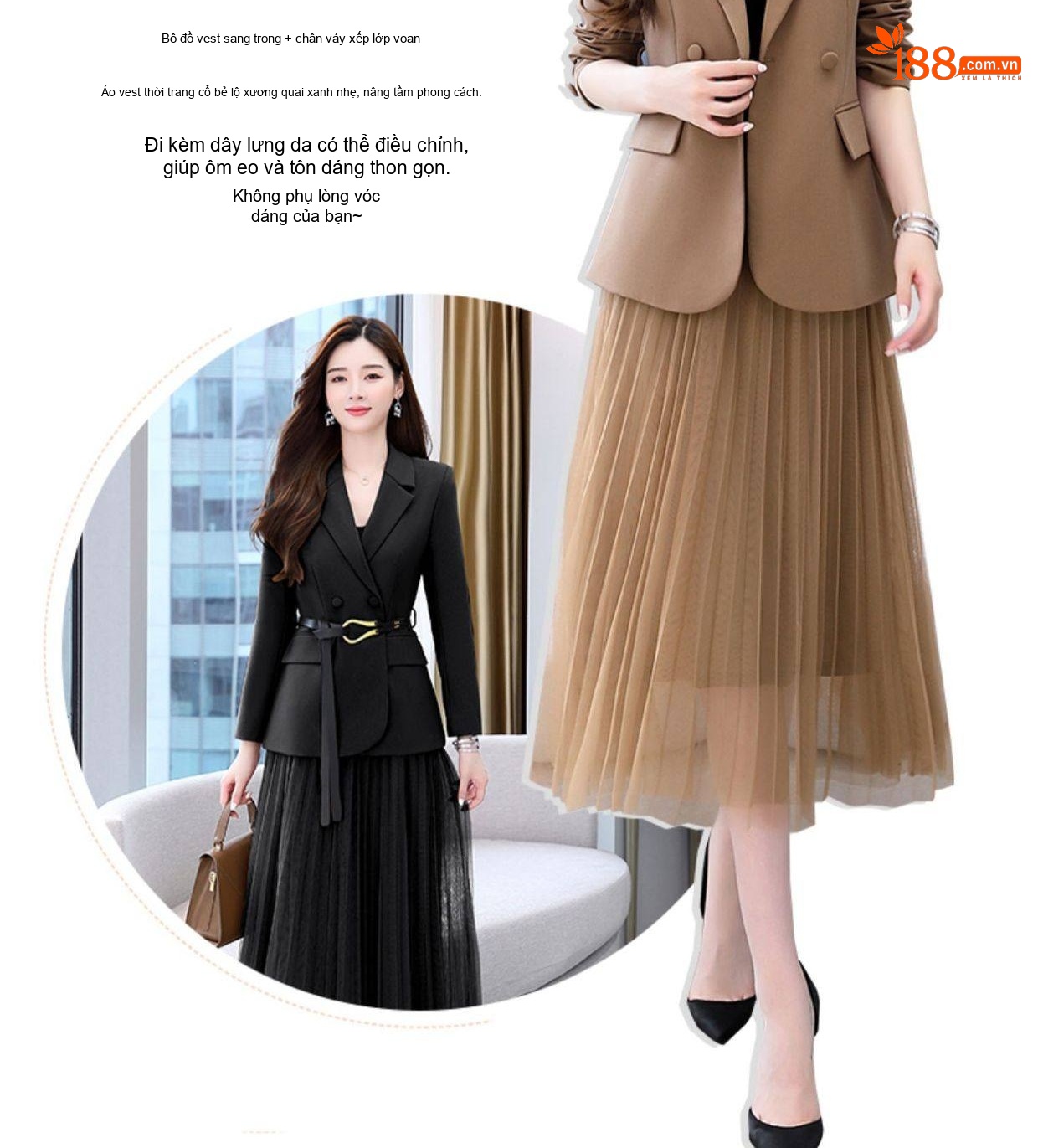 Bộ Vest Blazer Nữ Chân Váy Lưới Dáng Dài Thời Trang Thu Đông Màu Nâu, Đen, Xanh, Cam chi tiết 5
