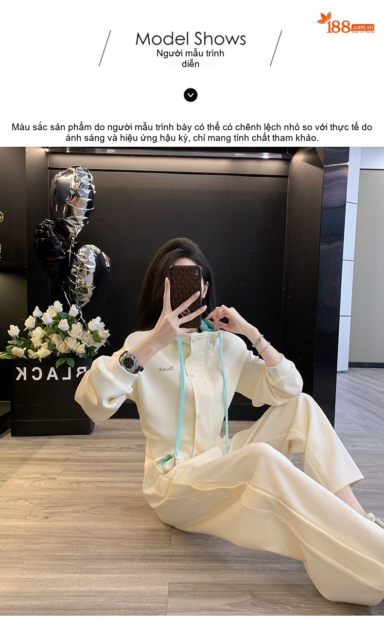 Bộ Quần Áo Thể Thao Nữ Áo Khoác Quần Ống Rộng Phong Cách Trẻ Trung Màu Kem, Xanh chi tiết 16