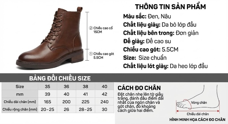 Boot Martin Nữ Da Bò Cổ Ngắn Gót Vuông Chiều Cao Đế Khoảng 5cm Màu Nâu, Đen chi tiết 4