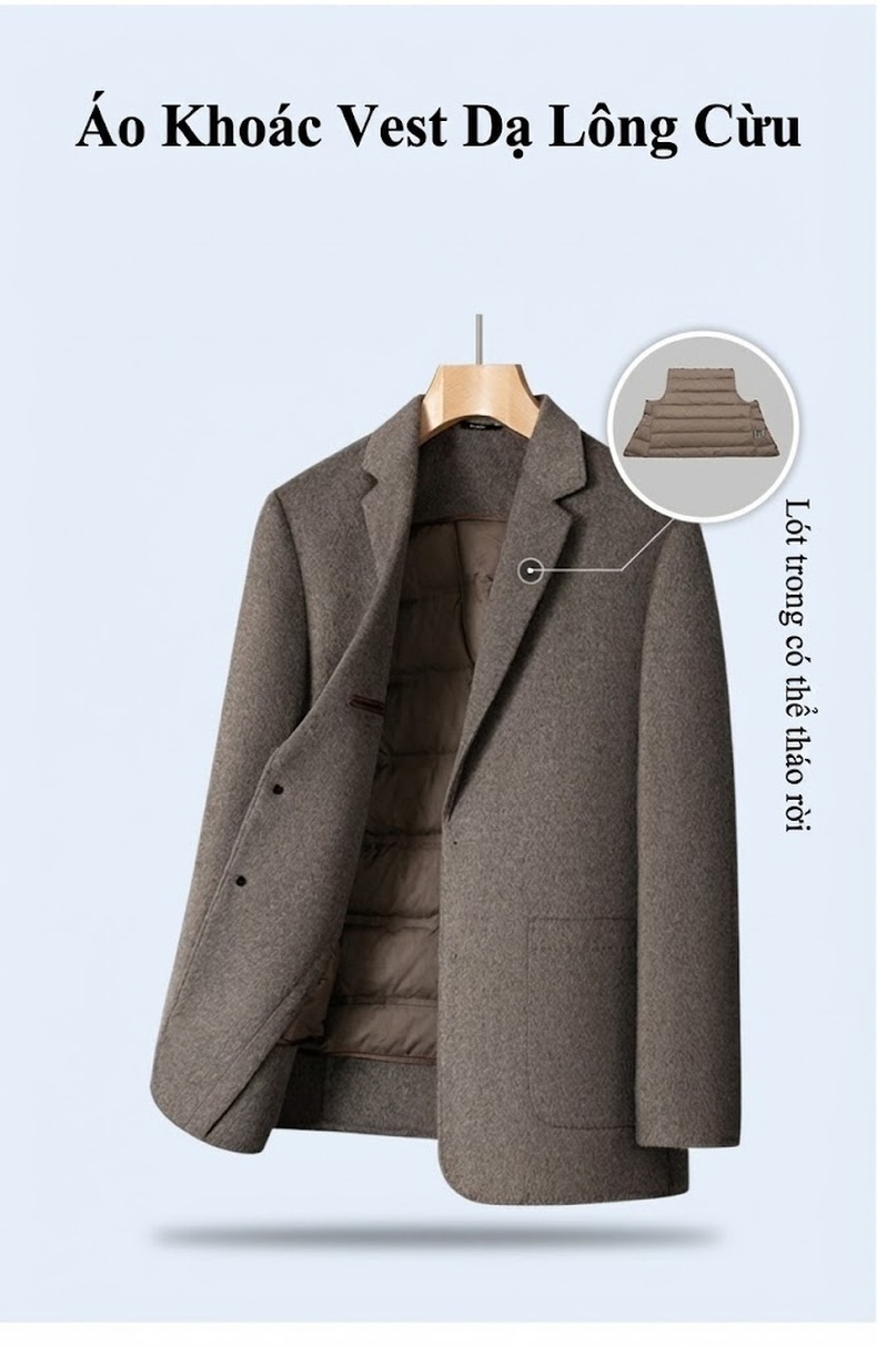 Áo Vest Nam Lông Cừu Có Lớp Lót Lông Vũ Tháo Rời Được Phong Cách Doanh Nhân Màu Xám chi tiết 8