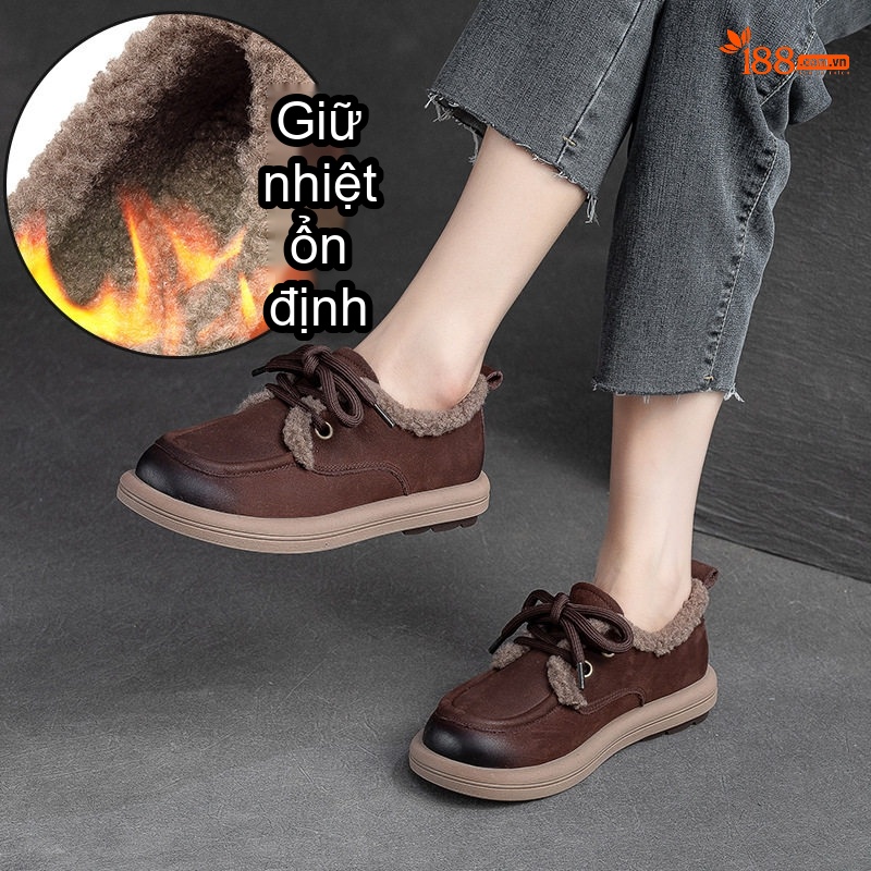 Giày Cotton Nữ Buộc Dây Lót Lông Chiều Cao Đế Khoảng 3cm Màu Nâu, Vàng