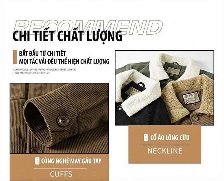 Áo Khoác Cotton Lông Cừu Nam Dáng Rộng Có Cổ Màu Nâu, Xanh Rêu, Đen chi tiết 7