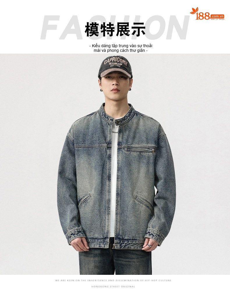 Áo Khoác Jean Nam Cổ Trụ Dáng Suông Rộng Phong Cách Mỹ Retro Màu Xanh Denim chi tiết 5