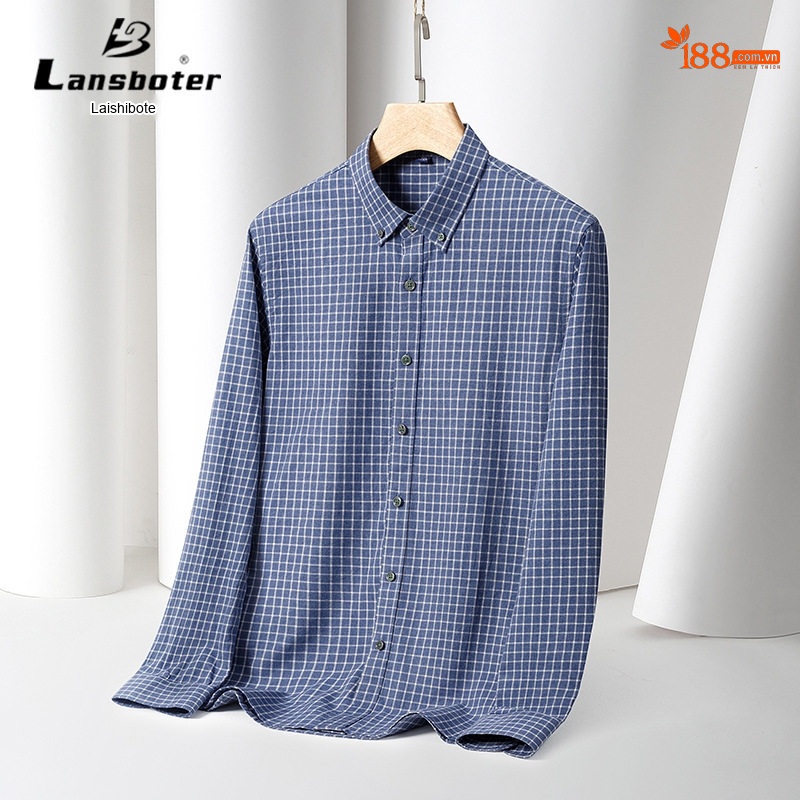 Áo Sơ Mi Nam Tay Dài Cotton Kẻ Sọc Mài Lông Dáng Ôm Vừa Vặn Màu Xanh Dương, Xám