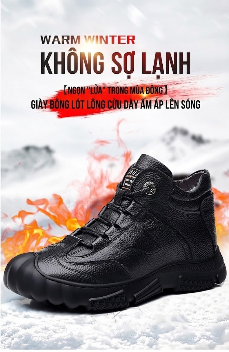 Giày Boot Nam Cao Cổ Da Mờ Lót Lông Ấm Áp Chiều Cao Đế Khoảng 3cm Màu Đen chi tiết 1