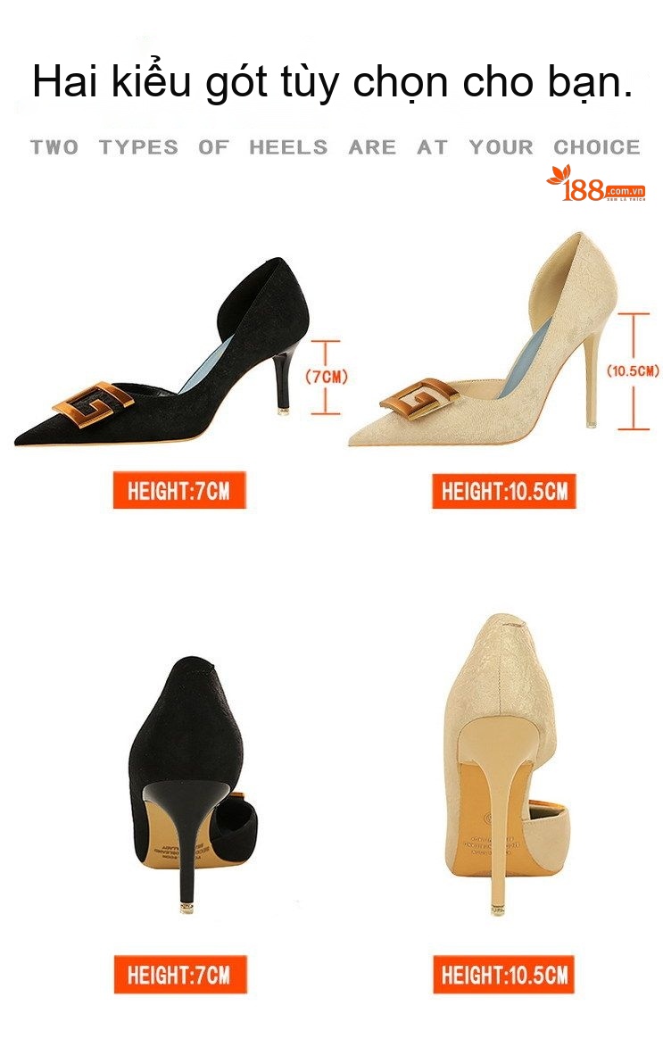 Giày Cao Gót Nữ Mũi Nhọn Da Mờ Khoét Hông Chiều Cao Đế Khoảng 7cm Màu Đỏ, Đen, Xanh Lá, Kem chi tiết 2