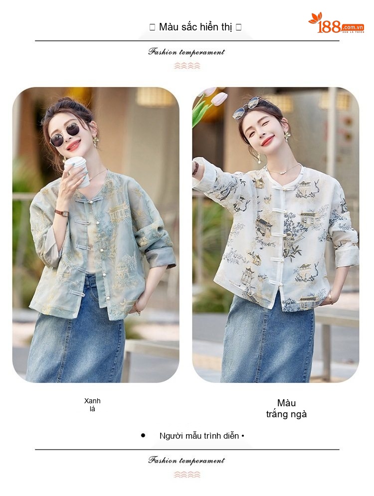 Áo Khoác Quốc Phong Nữ Thêu Họa Tiết Dáng Rộng Tay Lỡ Cổ Tàu Màu Xanh, Trắng chi tiết 9