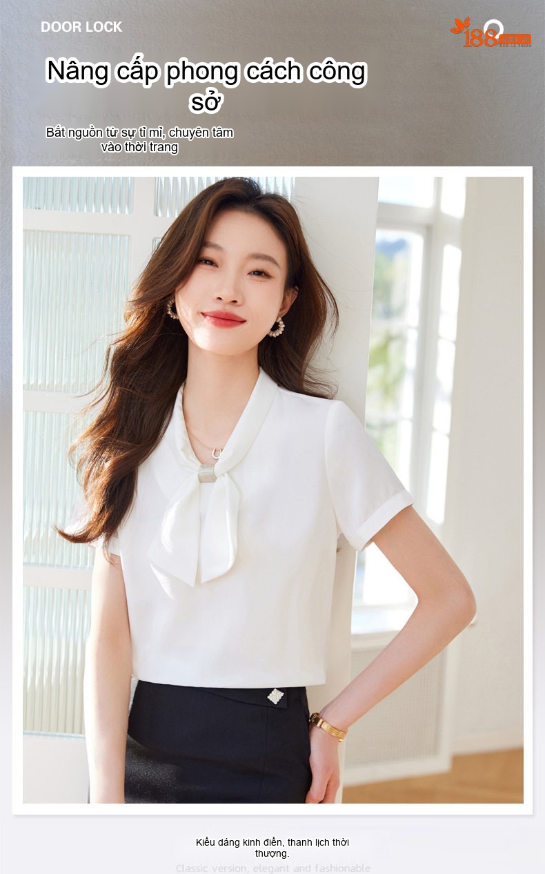 Áo Sơ Mi Nữ Tay Ngắn Cổ Nơ Thiết Kế Dáng Rộng Màu Trắng, Kem chi tiết 2