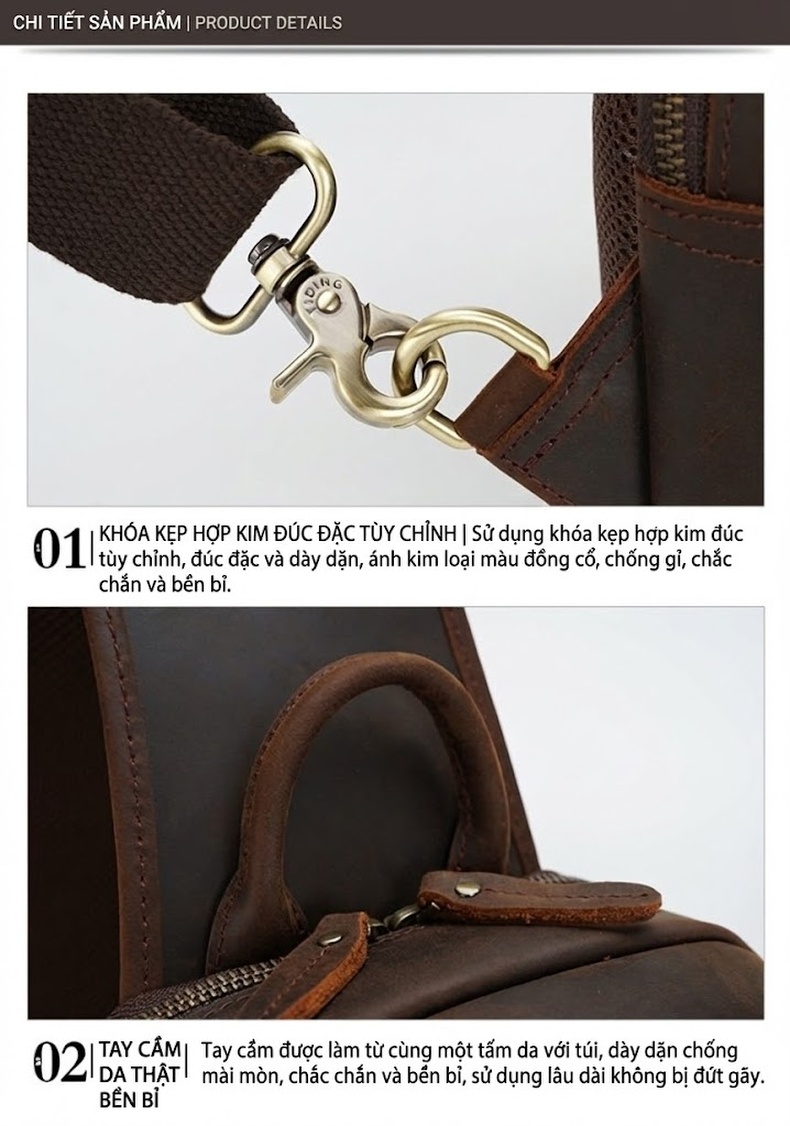 Túi Đeo Ngực Nam Da Bò Phong Cách Âu Mỹ Retro Túi Đeo Chéo Da Bò Lớp Đầu Màu Nâu chi tiết 7