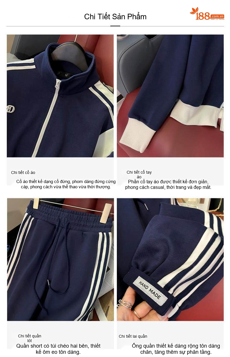 Bộ quần áo thể thao nữ dáng ngắn phối màu xanh navy trắng chi tiết 12