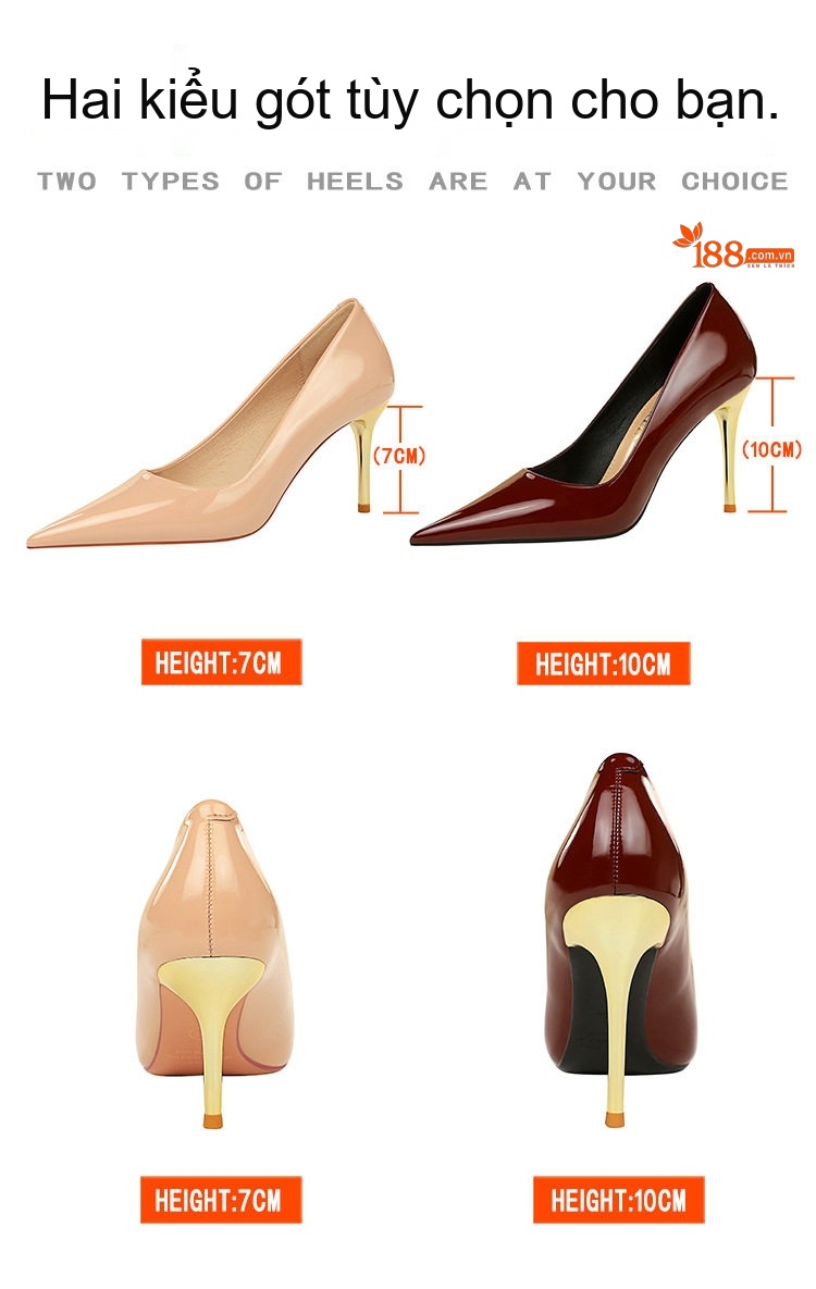 Giày Cao Gót Nữ Mũi Nhọn Da Bóng Chiều Cao Đế Khoảng 8cm Màu Đen, Đỏ, Nude chi tiết 2