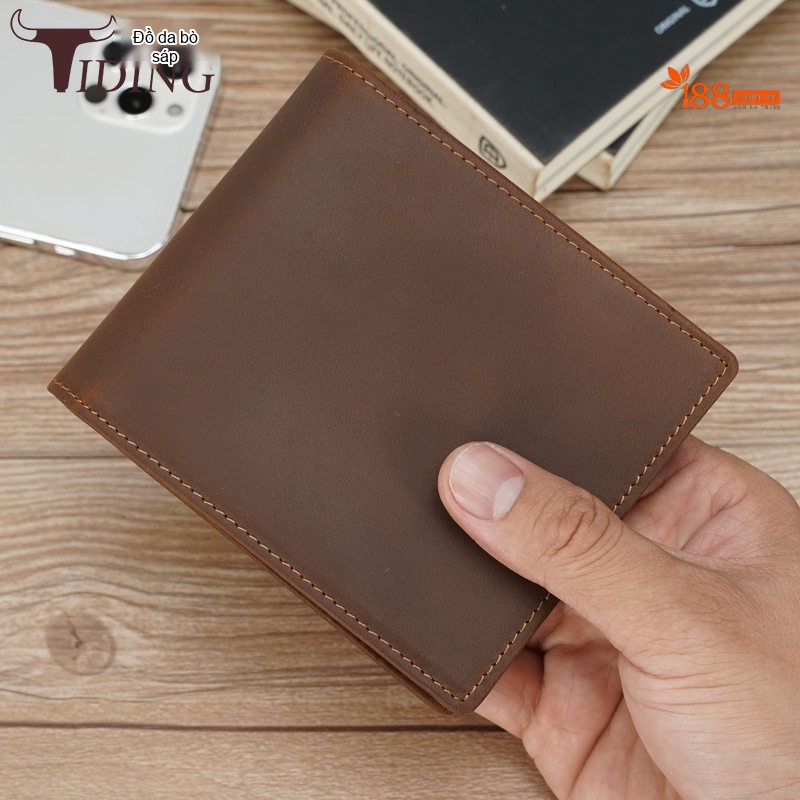 Ví Ngắn Nam Da Bò Sáp (Mad Horse) RFID Chống Quét Thẻ Khắc Laser Logo Màu Nâu, Đen