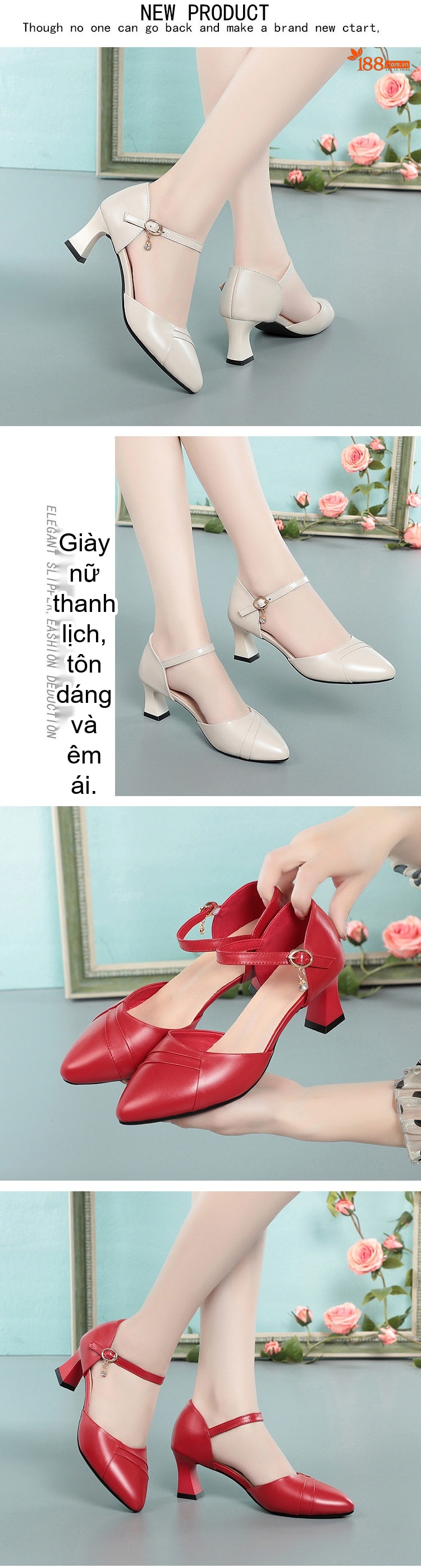 Giày Sandal Cao Gót Nữ Bít Mũi Quai Ngang Gót Vuông Da Bóng Gót Cao 7cm - 8cm Màu Đỏ, Kem, Đen chi tiết 5