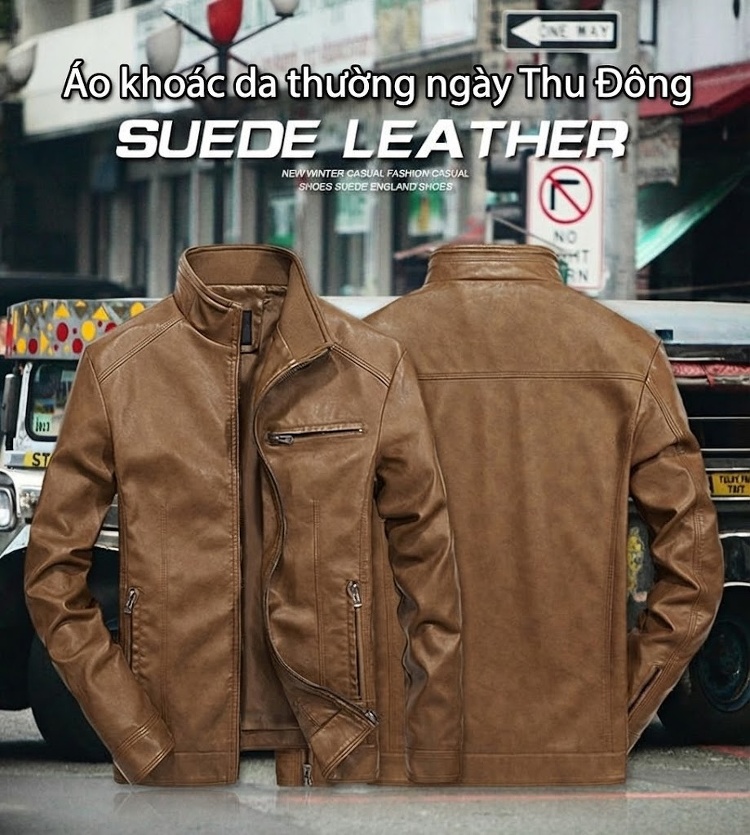 Áo Khoác Da PU Nam Cổ Trụ Dáng Ôm Khóa Kéo Phong Cách Business Casual Màu Nâu, Xanh Navy, Đen, Xanh Rêu... chi tiết 1