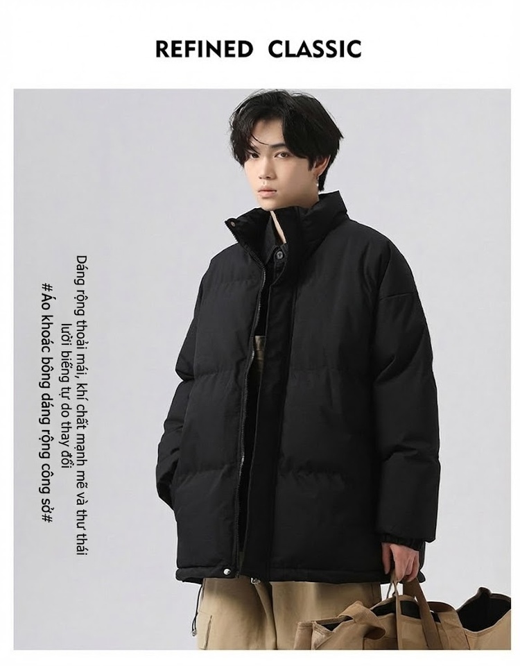 Áo Khoác Cotton Nam Nữ Dáng Rộng Cổ Trụ Chống Thấm Nước Mùa Đông Màu Xám Đậm, Tím, Đỏ, Xanh Lá... chi tiết 1