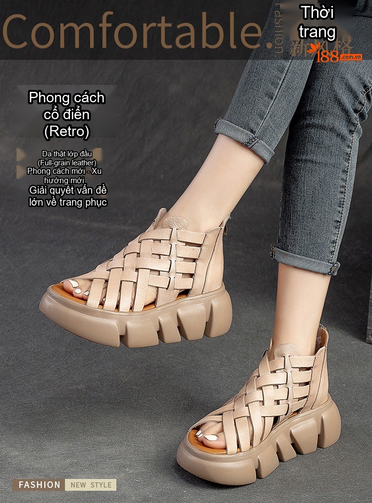 Dép Sandal Nữ Quai Đan Hở Ngón Đế Bệt Thoáng Khí Đế Cao 4cm - 5cm Màu Nâu, Xanh Lá, Kem chi tiết 1