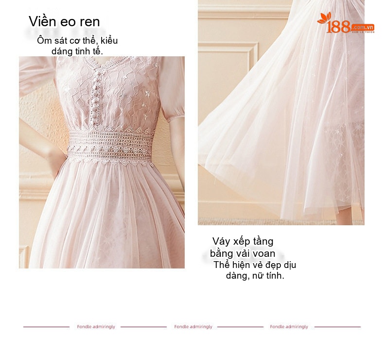 Váy Lưới Pháp Nữ Dáng Dài Chiết Eo Tôn Dáng Màu Trắng, Hồng chi tiết 7