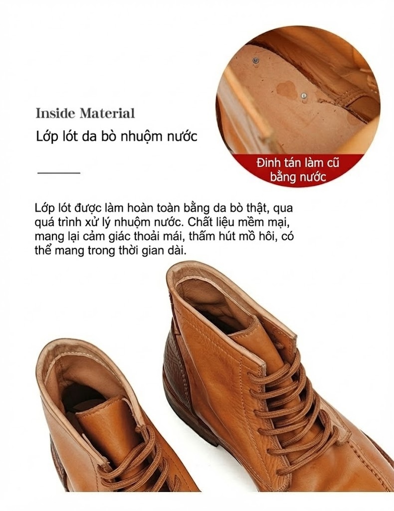 Giày Martin Nam Da Bò Cổ Cao Cổ Điển Mũi Tròn Chiều Cao Đế Khoảng 3cm Màu Nâu, Đen chi tiết 17