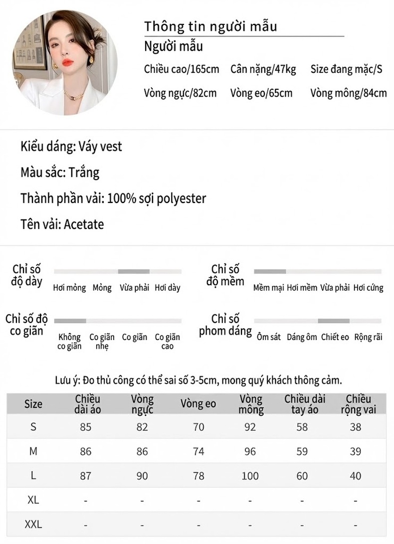 Đầm Vest Nữ Thiết Kế Dáng Ôm Hai Hàng Khuy Màu Trắng chi tiết 2