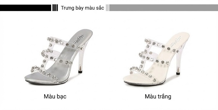 Dép Cao Gót Nữ Quai Trong Suốt Đính Đá Chiều Cao Đế Khoảng 11cm Da Bóng Màu Trắng, Bạc chi tiết 2