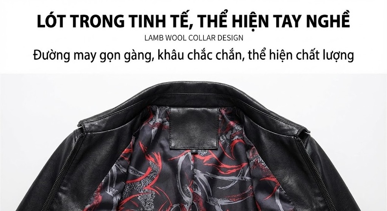 Áo Khoác Da Nam Da Thật Cổ Bẻ Dáng Mỏng Màu Đen chi tiết 7