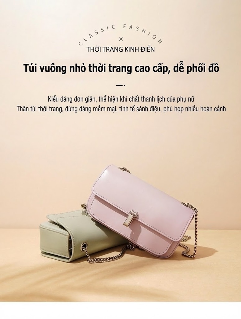 Túi Đeo Chéo Nữ Da Bò Mini Dây Xích Phong Cách Casual Màu Hồng, Xanh chi tiết 1