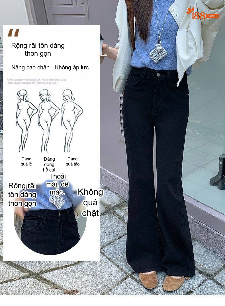 Quần Jeans Nữ Ống Loe Đáy Cao Dáng Rộng Phong Cách Thời Trang Màu Đen, Trắng chi tiết 7