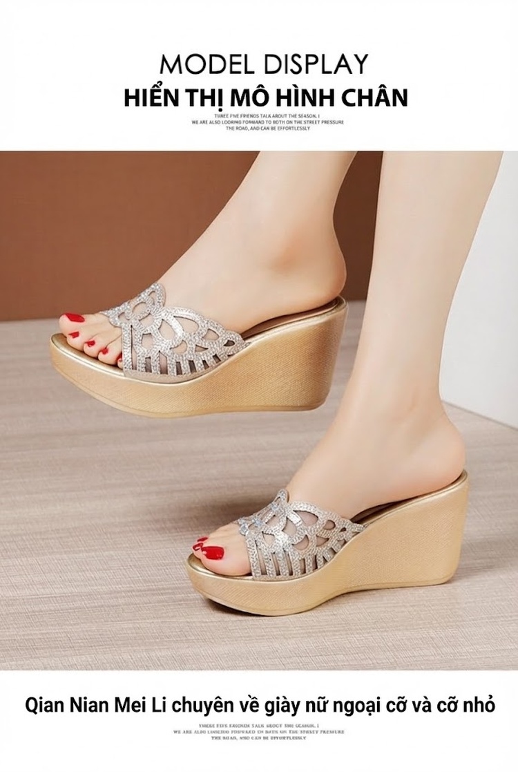 Dép Lê Nữ Đế Xuồng Quai Trong Suốt Đính Đá Chiều Cao Đế Khoảng 6cm Màu Bạc, Đen chi tiết 10