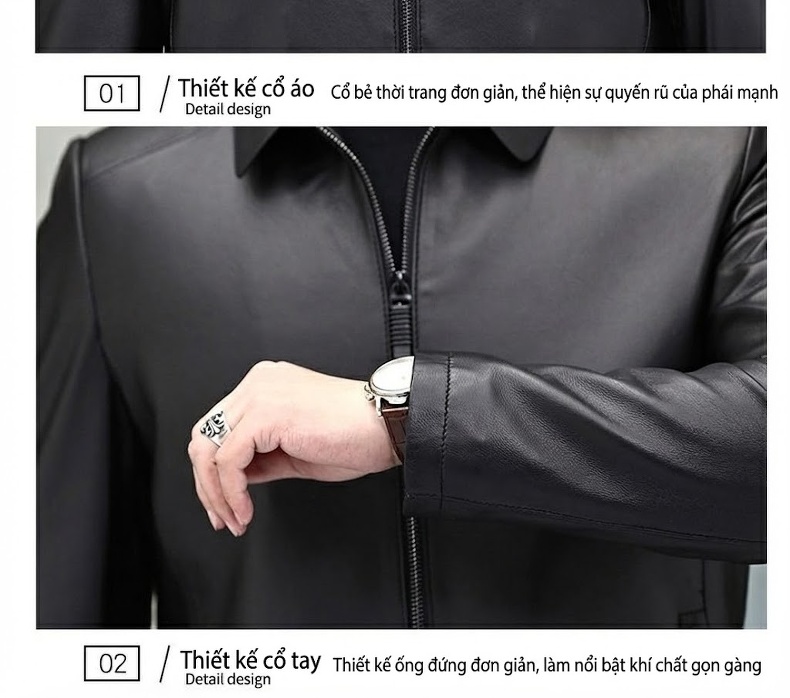 Áo Khoác Da Cừu Nam Dáng Ngắn Cổ Bẻ Slim Fit Phong Cách Doanh Nhân Màu Đen chi tiết 10