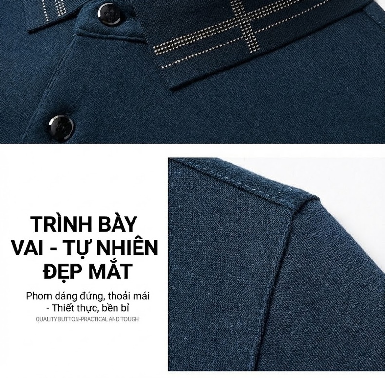 Áo Polo Nam Tay Lỡ Dệt Kim Cổ Điển Cao Cấp Chất Liệu Lông Cừu Màu Xanh Navy chi tiết 4