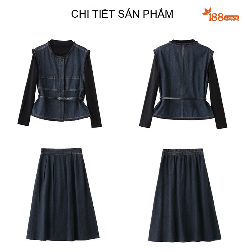 Set Bộ Áo Thun, Áo Khoác Gile, Chân Váy Dài Thanh Lịch Phong Cách Thu Đông Màu Xanh Đen chi tiết 20