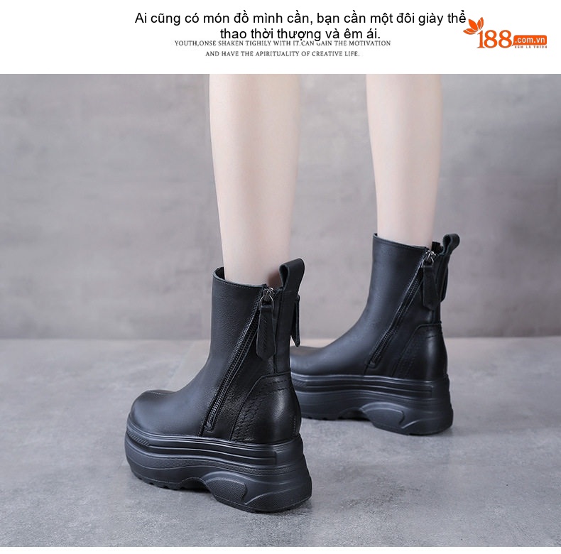 Boot Martin Nữ Da Bò Đế Dày Hai Khóa Kéo Phong Cách Anh Chiều Cao Đế Khoảng 5cm Màu Đen, Nâu chi tiết 11