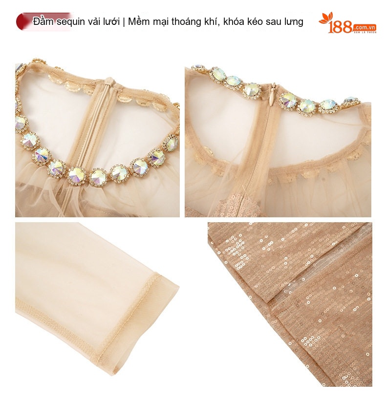 Đầm Dạ Hội Nữ Lưới Mỏng Đính Đá Lấp Lánh Ôm Dáng Màu Vàng Gold chi tiết 4