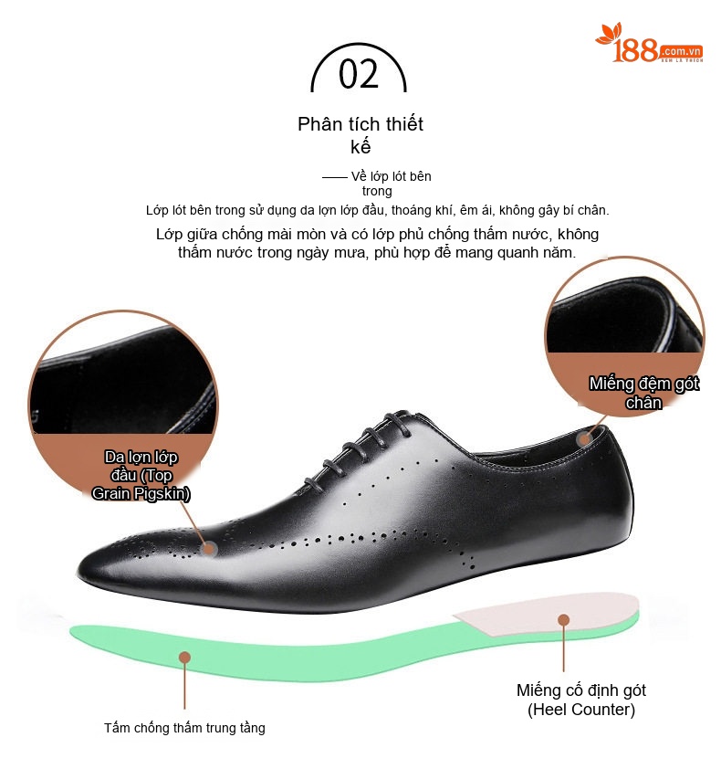 Giày Tây Buộc Dây Nam Da Thật Brogue Chiều Cao Đế Khoảng 3cm Màu Đen, Nâu chi tiết 2
