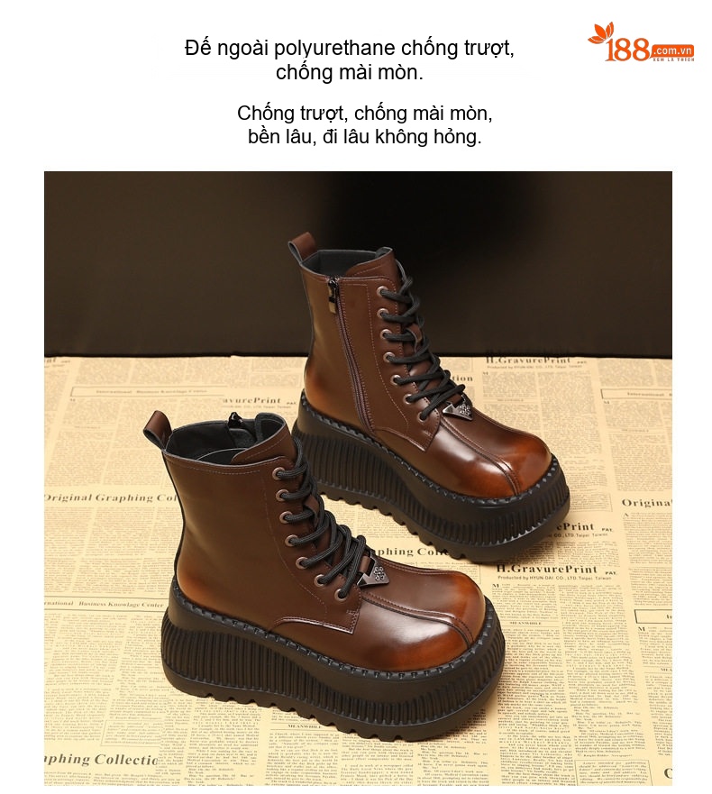 Giày Martin Nữ Đế Dày Chiều Cao Đế Khoảng 8cm Da Bóng Buộc Dây Màu Đen, Nâu chi tiết 10
