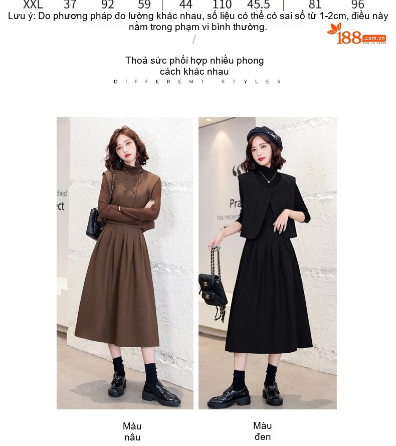 Váy Bộ Nữ Thu Đông Áo Gilet Khoác Lửng và Đầm Liền Thân Dài Tay Chất liệu Dệt Kim Màu Đen, Nâu chi tiết 2