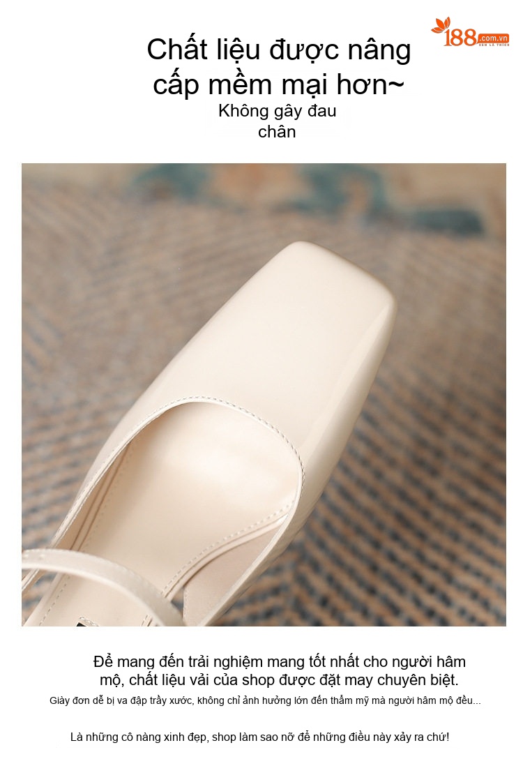 Giày Sandal Cao Gót Nữ Da Bóng Mũi Vuông Quai Hậu Gót Vuông Gót Cao 7cm - 8cm Màu Trắng, Hồng Kem chi tiết 3